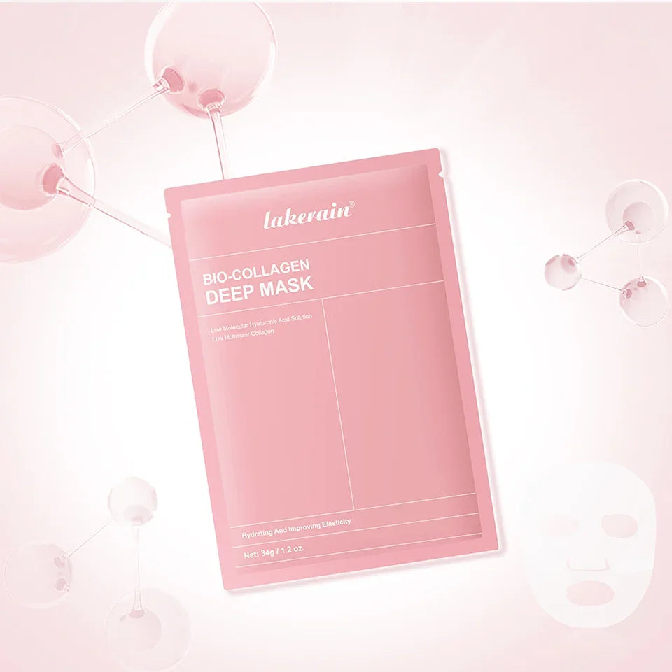 Lakerain Bio-Collagen Deep Mask pink packaging with molecular structures and a white sheet mask