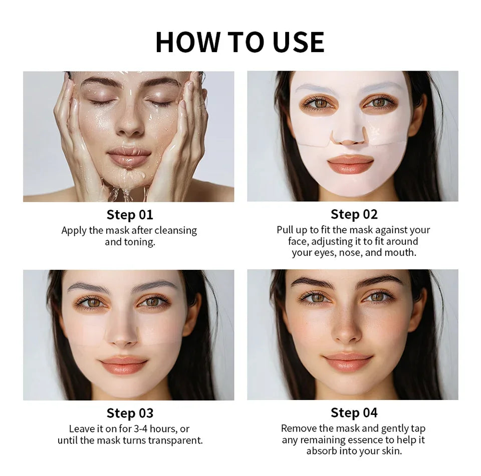 Step-by-step facial hydration mask application guide showing cleansing, mask fitting, wearing, and removal on a woman's face