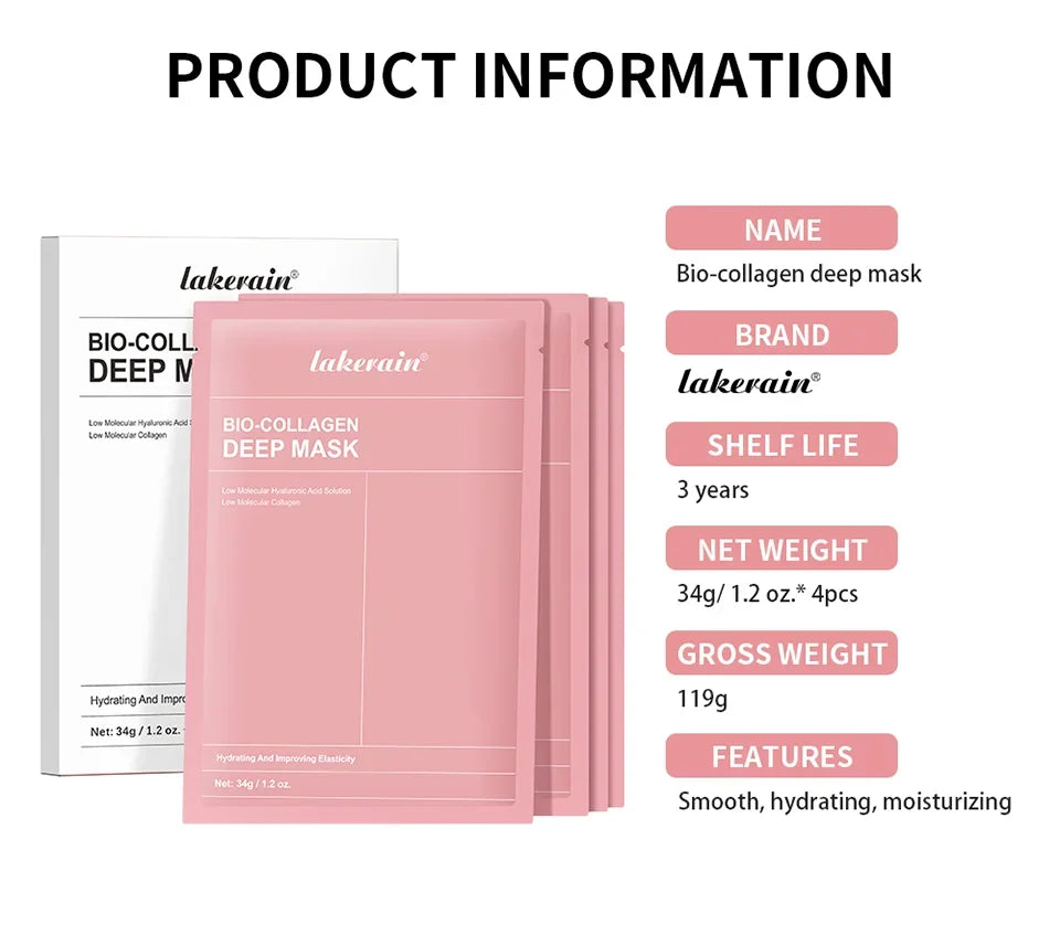 Lakerain Bio-collagen Deep Hydration Mask pack with product info highlighting 4 pink sachets, shelf life 3 years, hydrating moisturizing features