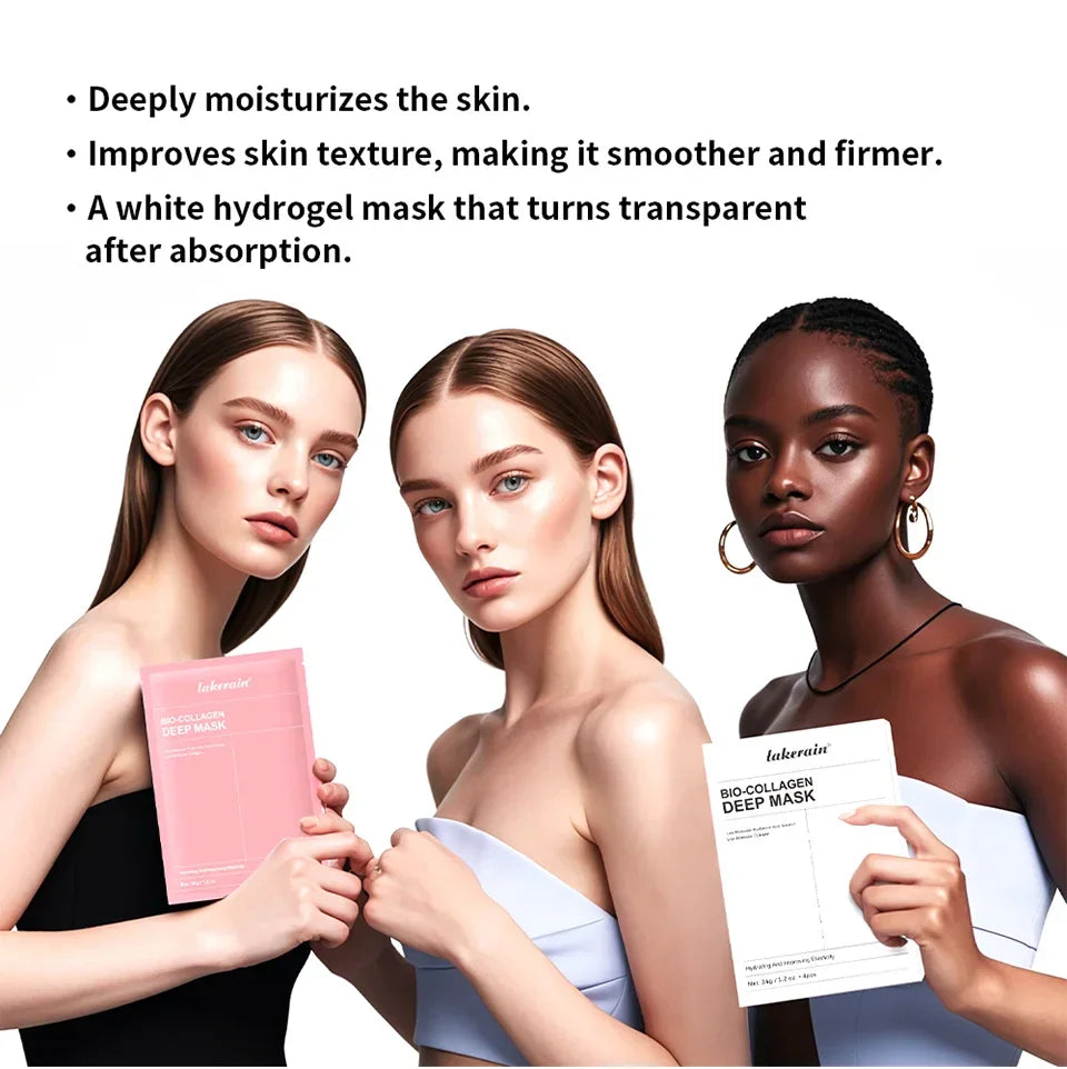 Three diverse women with glowing skin holding Lakerain Bio-Collagen Deep Hydration Mask packages